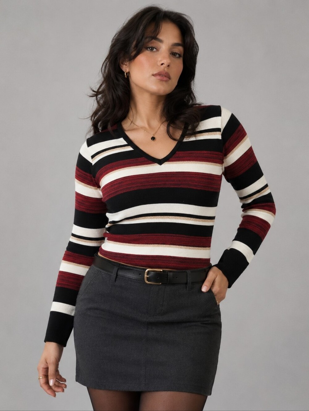 Y2K Office Siren Striped V Neck Knit Sweater Top Vintage 2001 Medium